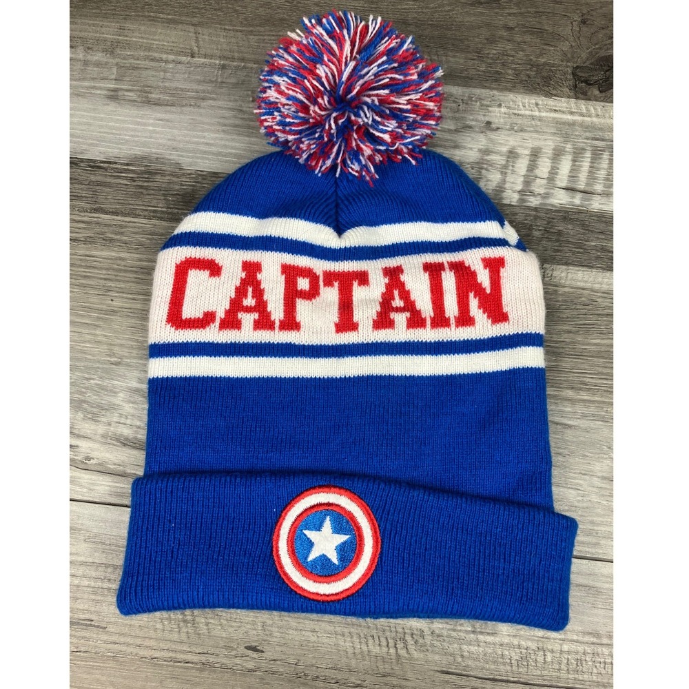 Marvel Captain America Blue Red White Pom Beanie Knit Hat One Size RN 109028